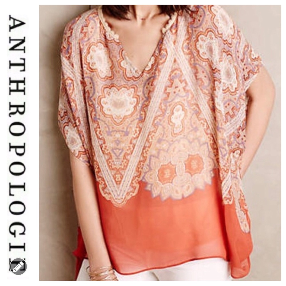 💕SALE💕Anthropologie Maeve Nalina Coral Silk Top - Picture 2 of 8